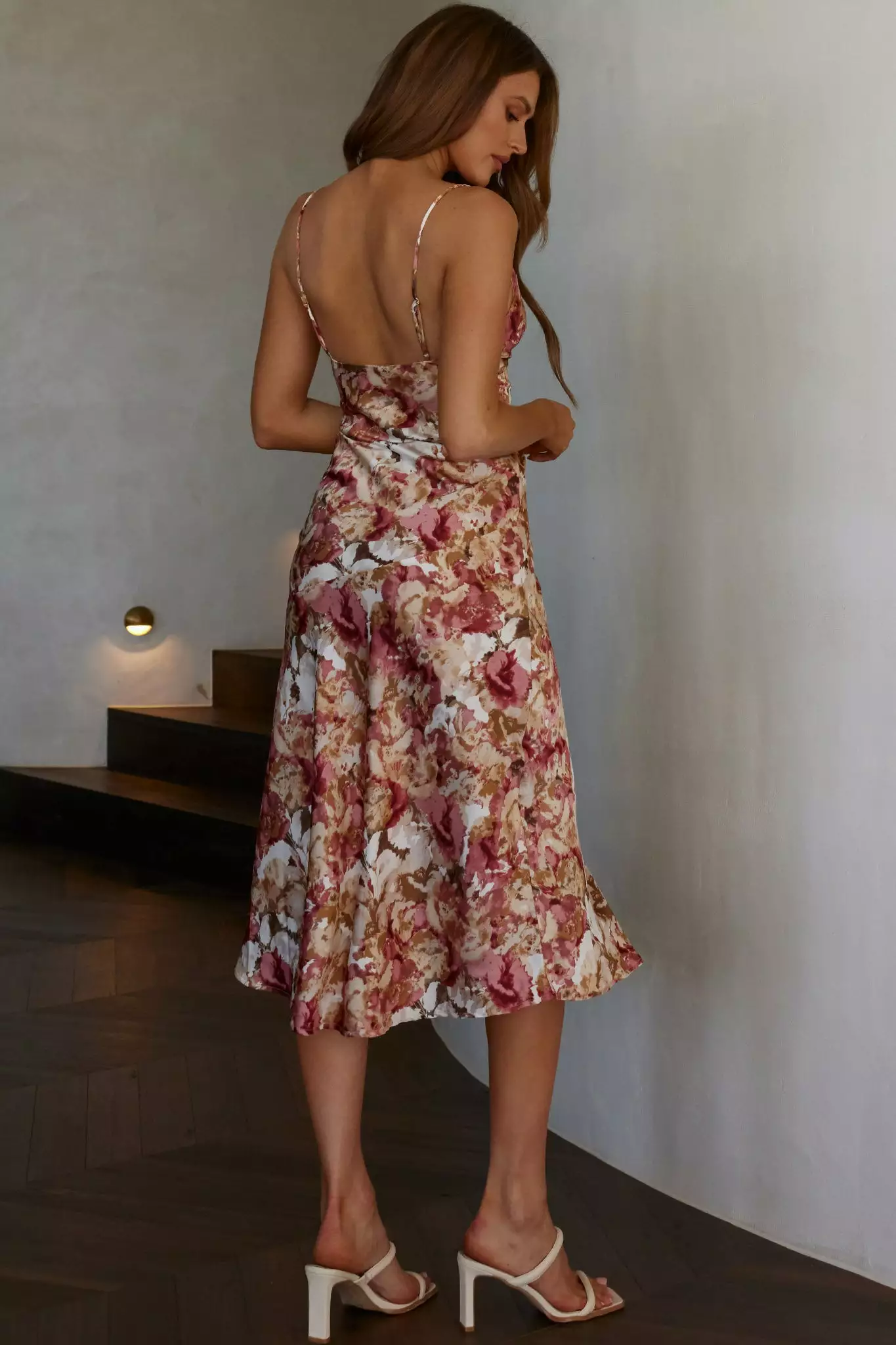 Selfie Leslie Downtown Cami Strap Front Split Midi Dress Abstract Rose - Image 2