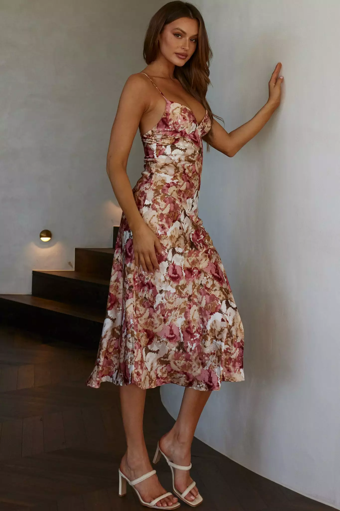 Selfie Leslie Downtown Cami Strap Front Split Midi Dress Abstract Rose - Image 7