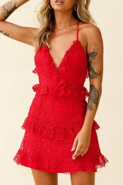 Selfie Leslie Airlie Halterneck Open Back Lace Dress Red