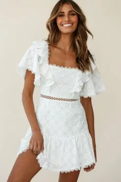 Selfie Leslie How Romantic Flounce Sleeve Lace-Up Back Dress Floral Embossed White