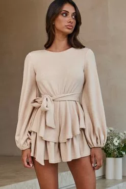 Selfie Leslie Talk About It Balloon Sleeve Open Back Knit Romper Beige