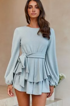 Selfie Leslie Talk About It Balloon Sleeve Open Back Knit Romper Sage