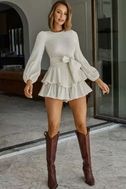 Selfie Leslie Talk About It Balloon Sleeve Open Back Knit Romper White