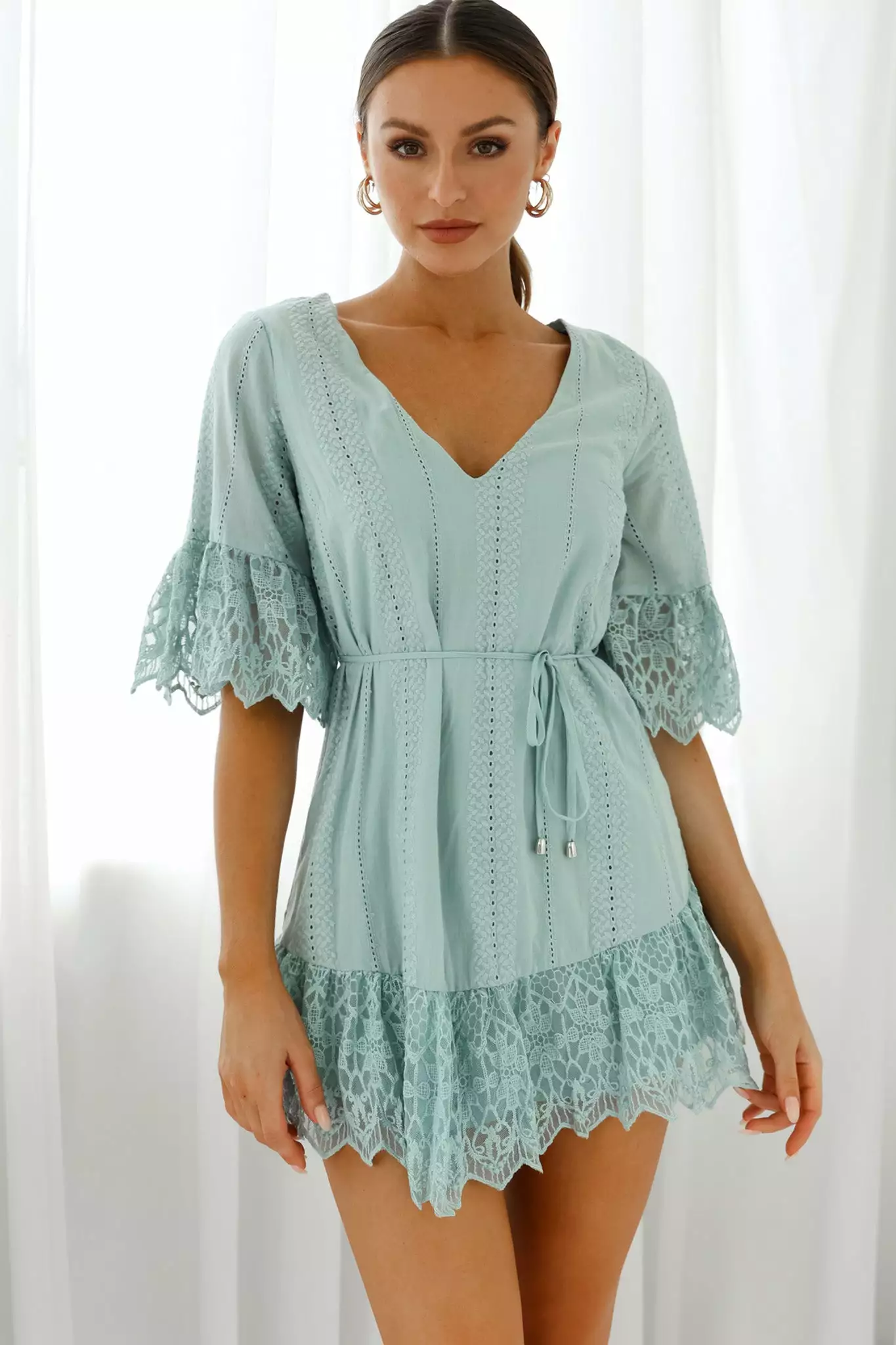 Karissa Lace Trim Waist Tie Tunic Dress Sage - Image 7