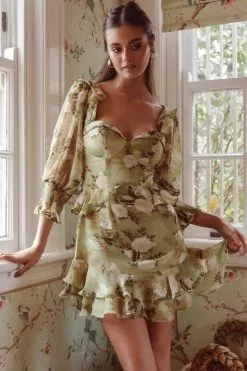 Saints + Secrets Desiree 3/4 Sleeve Sweetheart Neckline Frill Dress Floral Green