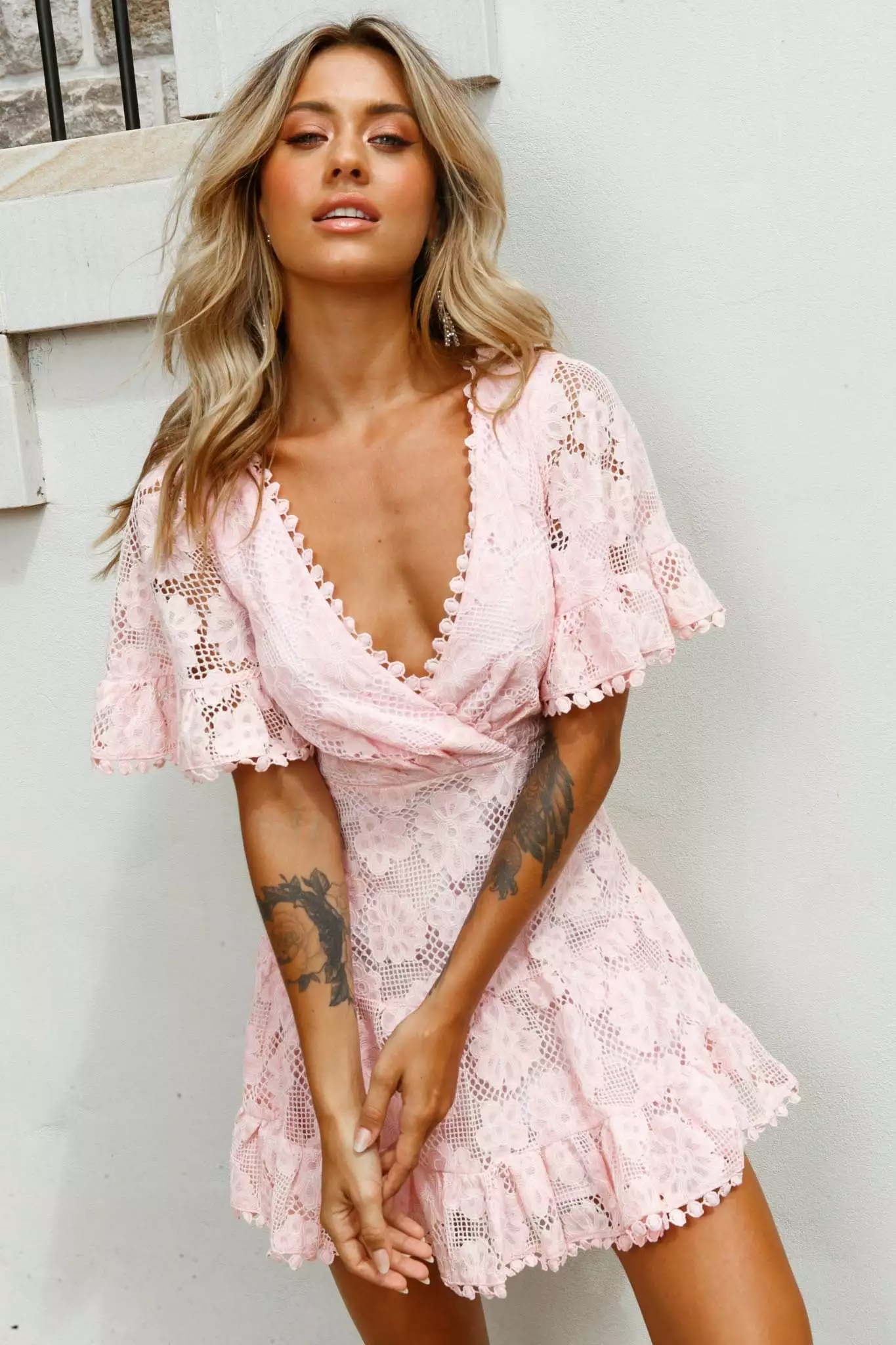 Selfie Leslie Alaia Short Fluted Sleeve Crochet Lace Dress Baby Pink - Image 6