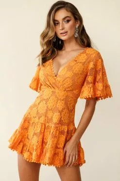 Selfie Leslie Alaia Short Fluted Sleeve Crochet Lace Dress Sunset