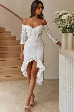 Selfie Leslie Talk About Me Off-Shoulder Long Sleeve High-Low Hem Midi Dress White