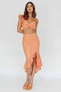 Selfie Leslie Talk About Me Asymmetrical Ruffle Hem Midi Skirt Apricot