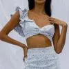 Selfie Leslie Talk About Me Ruffle Shoulder Twist Bust Crop Top Steel Blue