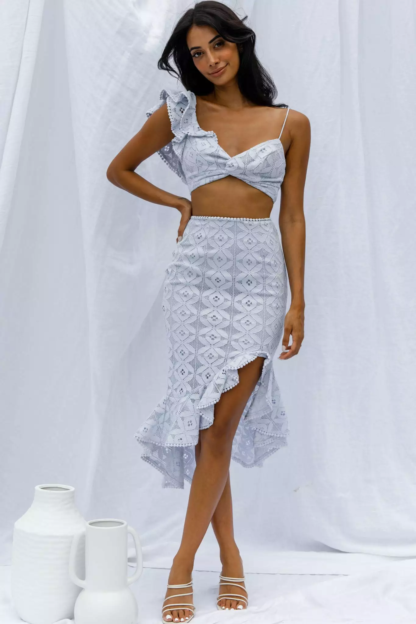 Selfie Leslie Talk About Me Ruffle Shoulder Twist Bust Crop Top Steel Blue - Image 3