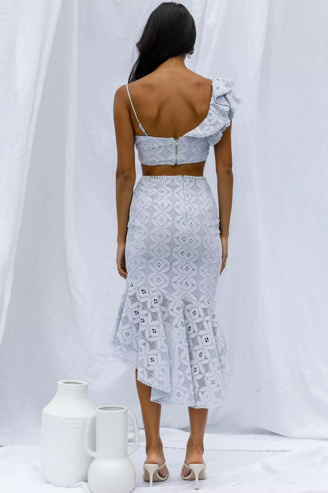 Selfie Leslie Talk About Me Ruffle Shoulder Twist Bust Crop Top Steel Blue - Image 4