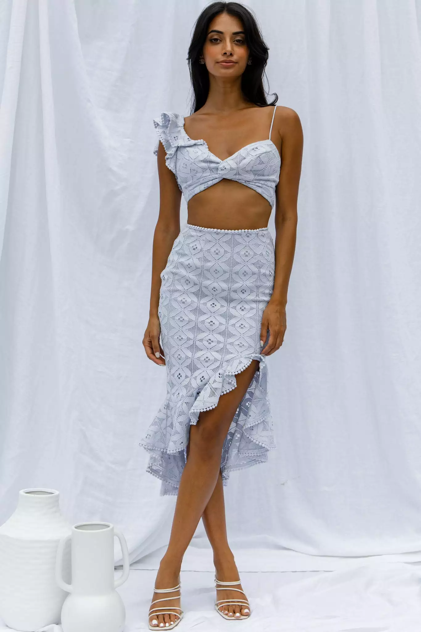 Selfie Leslie Talk About Me Ruffle Shoulder Twist Bust Crop Top Steel Blue - Image 5