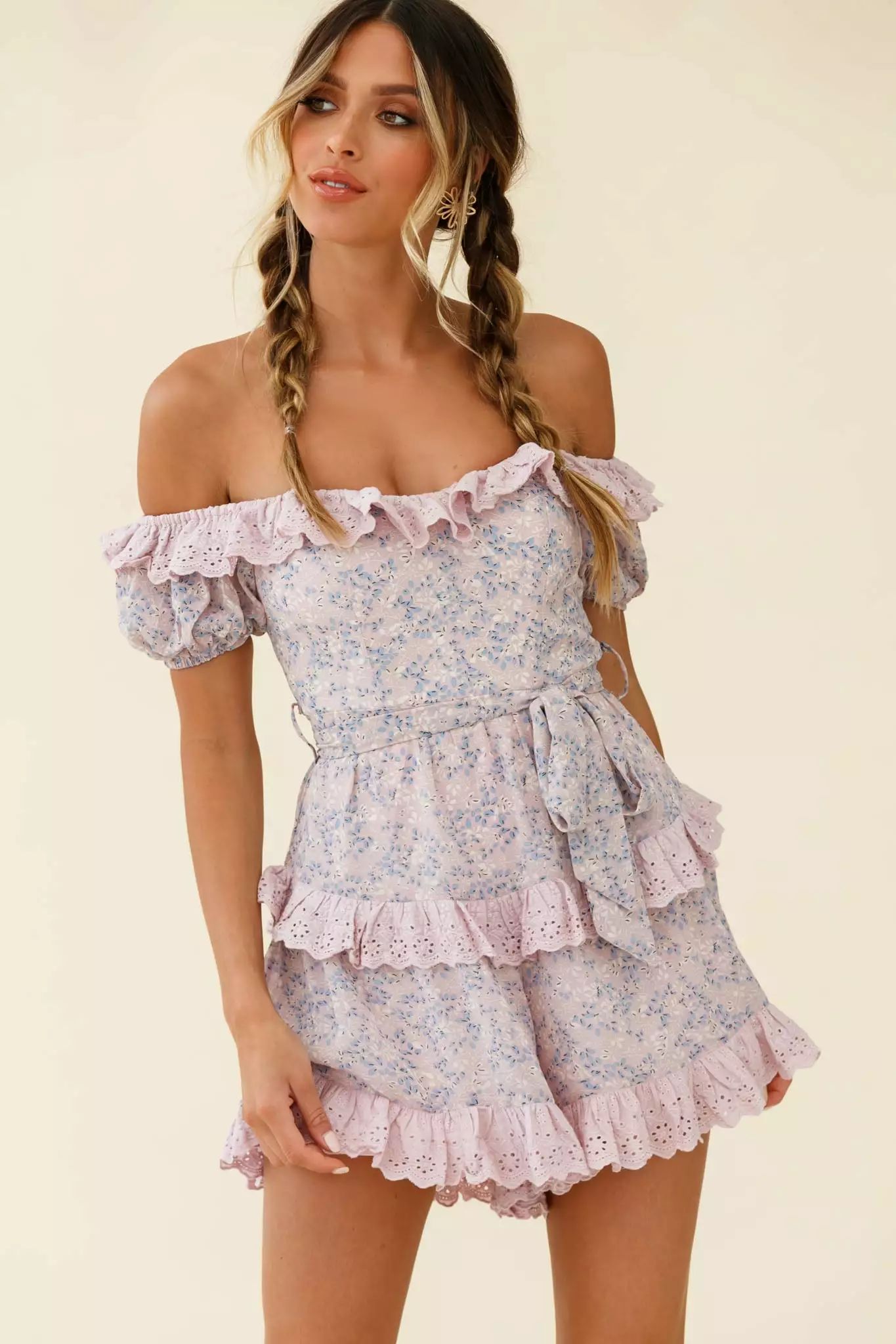 Selfie Leslie Tulsa Off Shoulder Waist Tie Frill Romper Floral Print Pink - Image 6