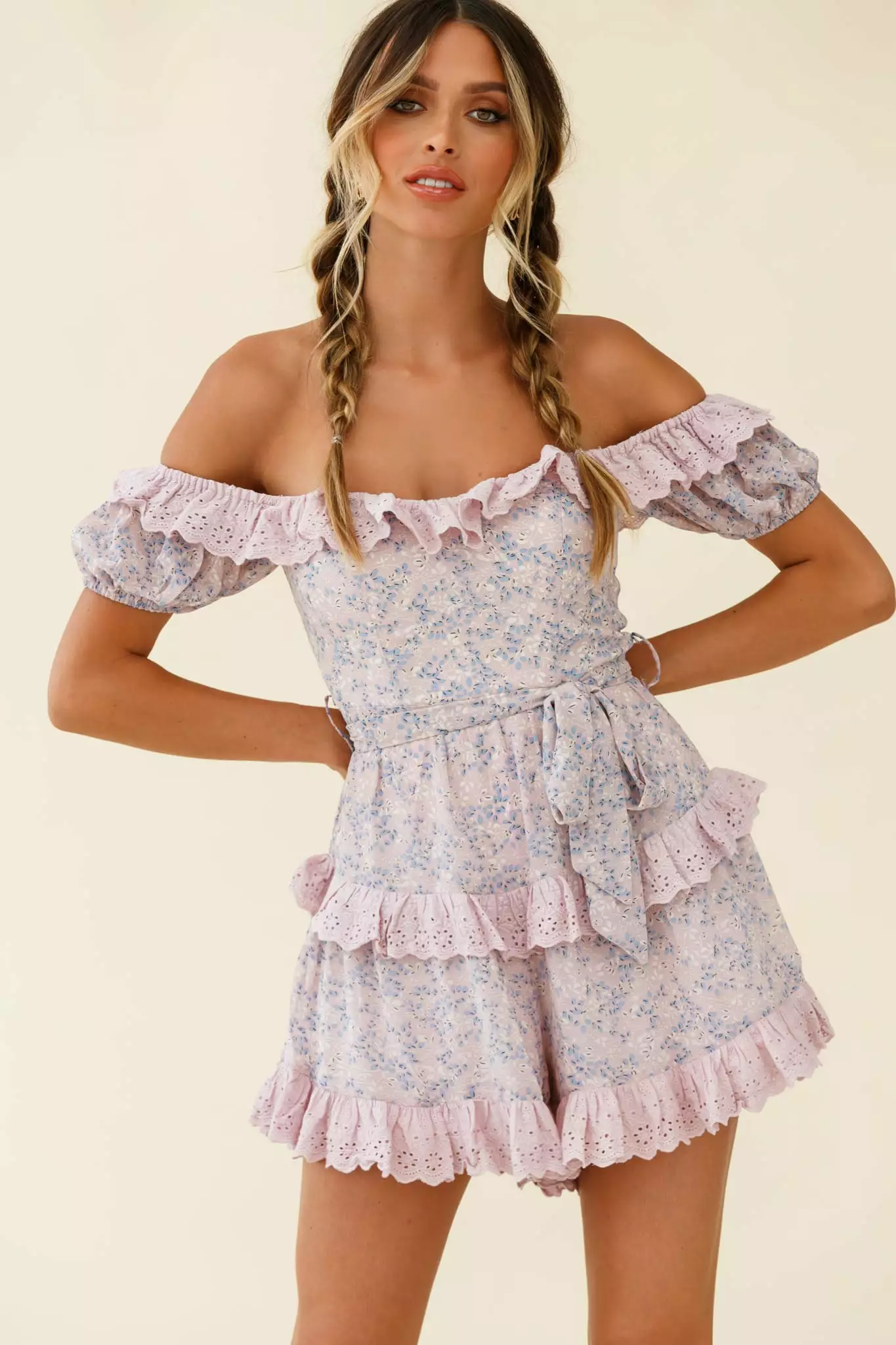 Selfie Leslie Tulsa Off Shoulder Waist Tie Frill Romper Floral Print Pink