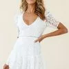 Adelia Ruched Puff Sleeve Floral Embroidery Dress White