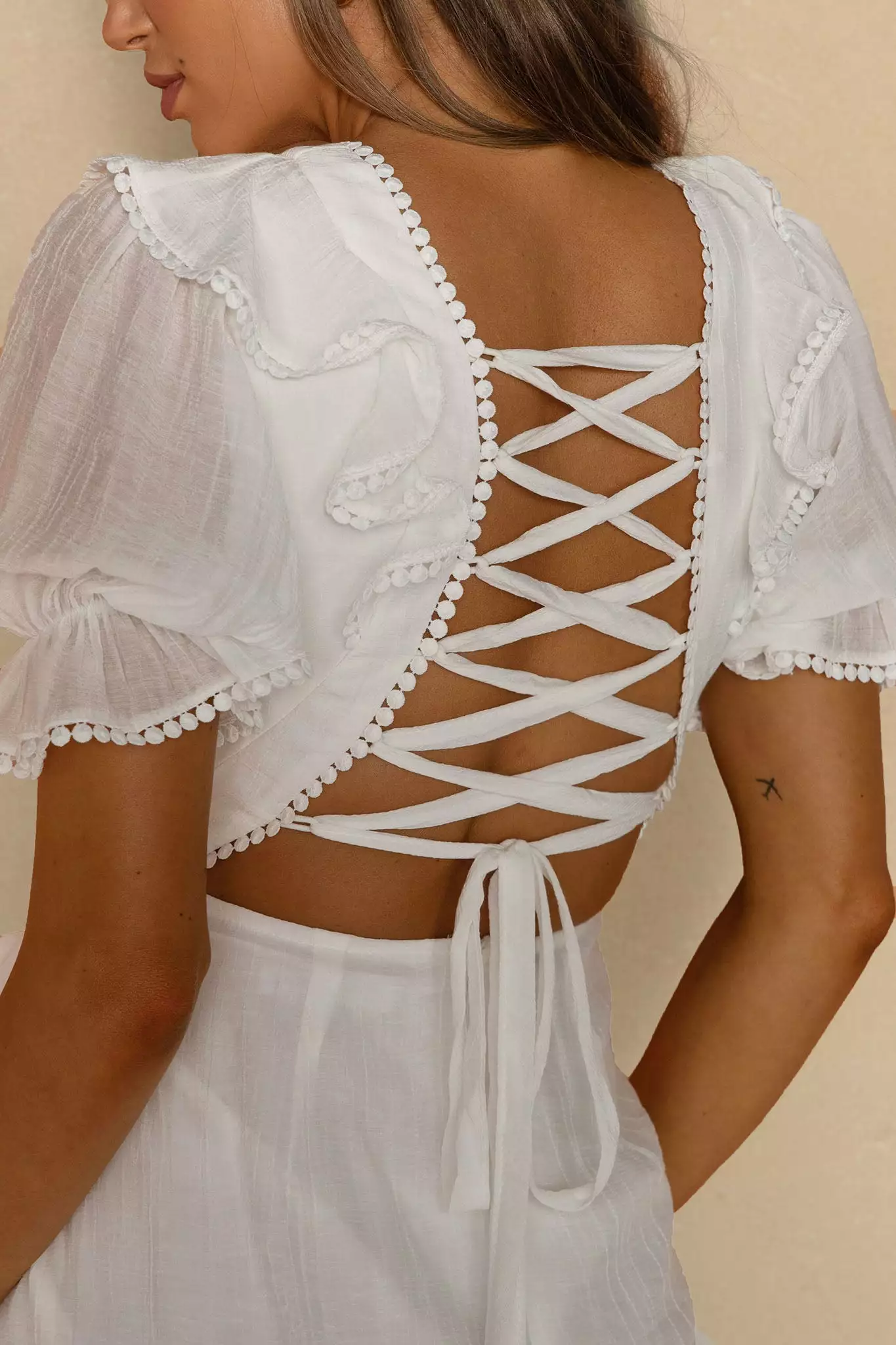 Selfie Leslie Charade Puff Sleeve Wrap Skirt Corset Back Dress White - Image 4