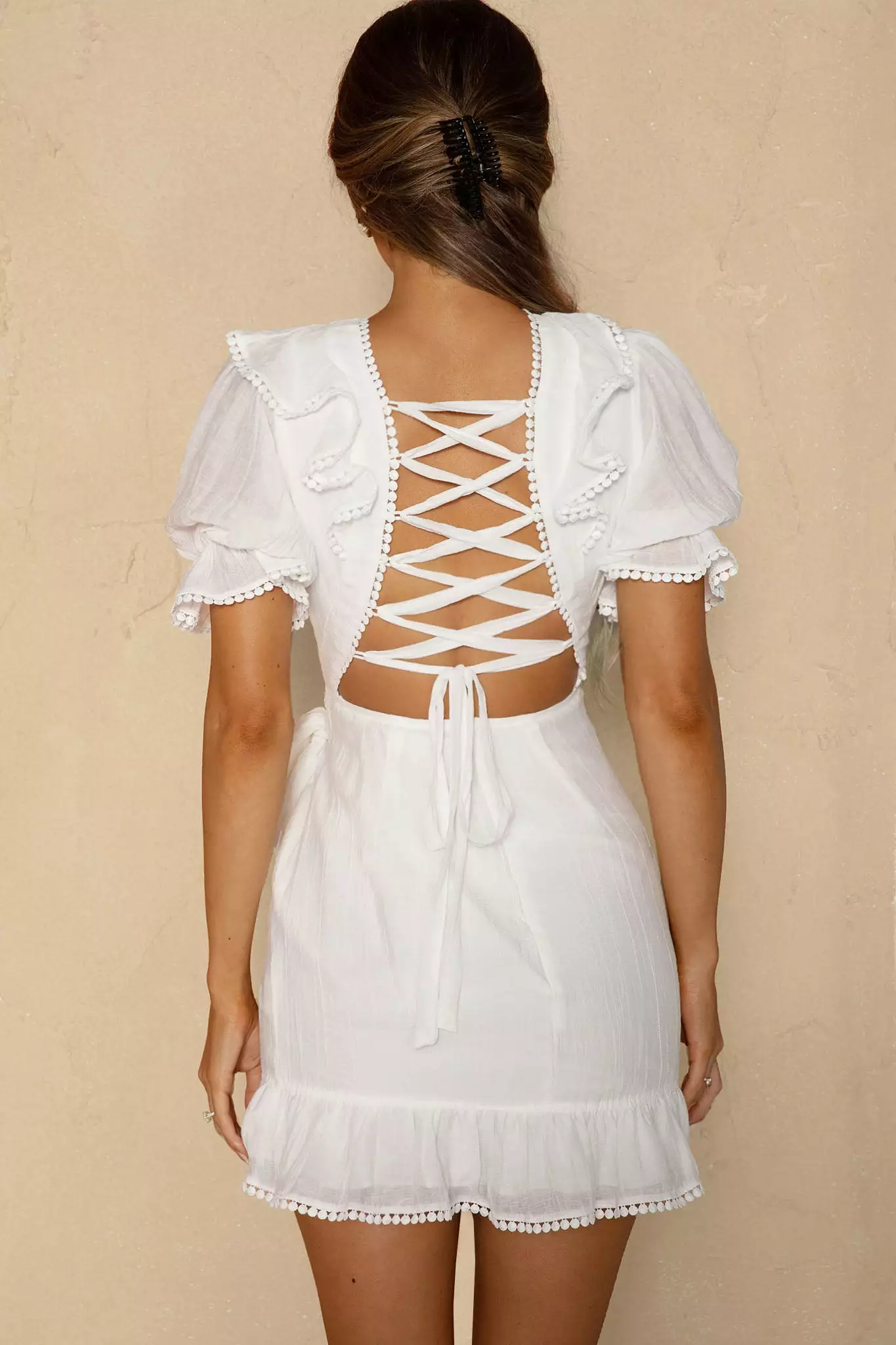 Selfie Leslie Charade Puff Sleeve Wrap Skirt Corset Back Dress White - Image 7