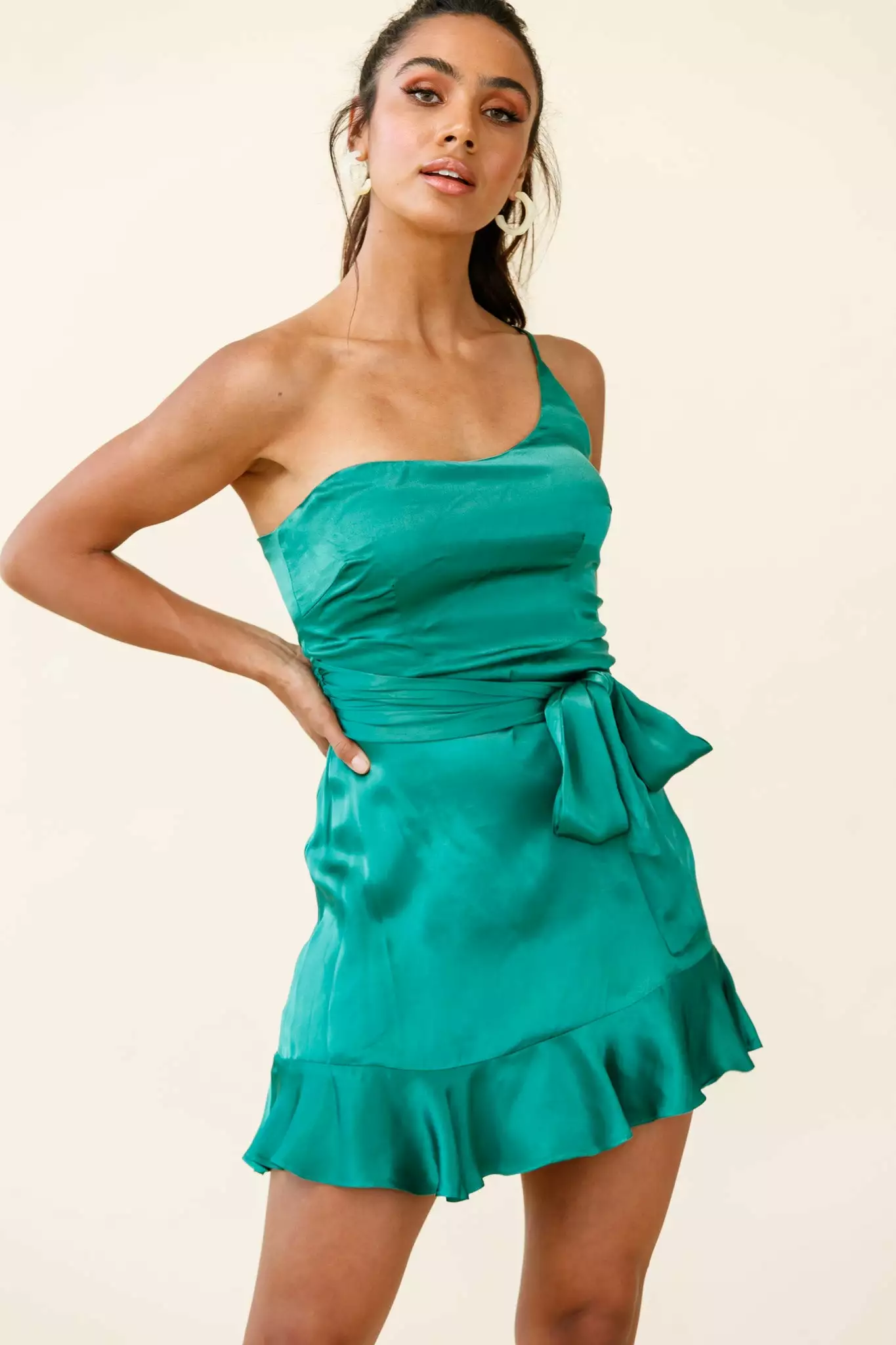 Selfie Leslie Don't Wait Up One Shoulder Waist Tie Dress Jade - Image 5