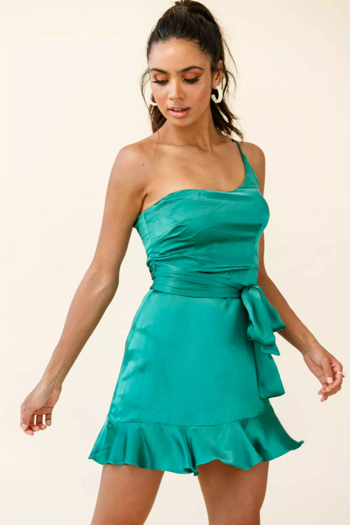 Selfie Leslie Don't Wait Up One Shoulder Waist Tie Dress Jade - Image 6