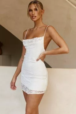 Selfie Leslie Little Whispers Cowl Neckline Lace Overlay Mini Dress White