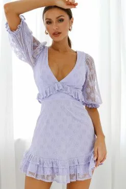 Selfie Leslie Katherine Puff Sleeve Floral Lace Frill Dress Lavender