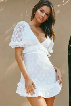 Selfie Leslie Katherine Puff Sleeve Floral Lace Frill Dress White