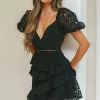 Selfie Leslie Taurus Floral Embroidery Puff Sleeve Dress Black