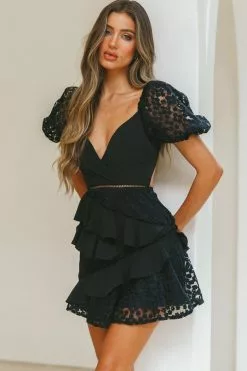 Selfie Leslie Taurus Floral Embroidery Puff Sleeve Dress Black