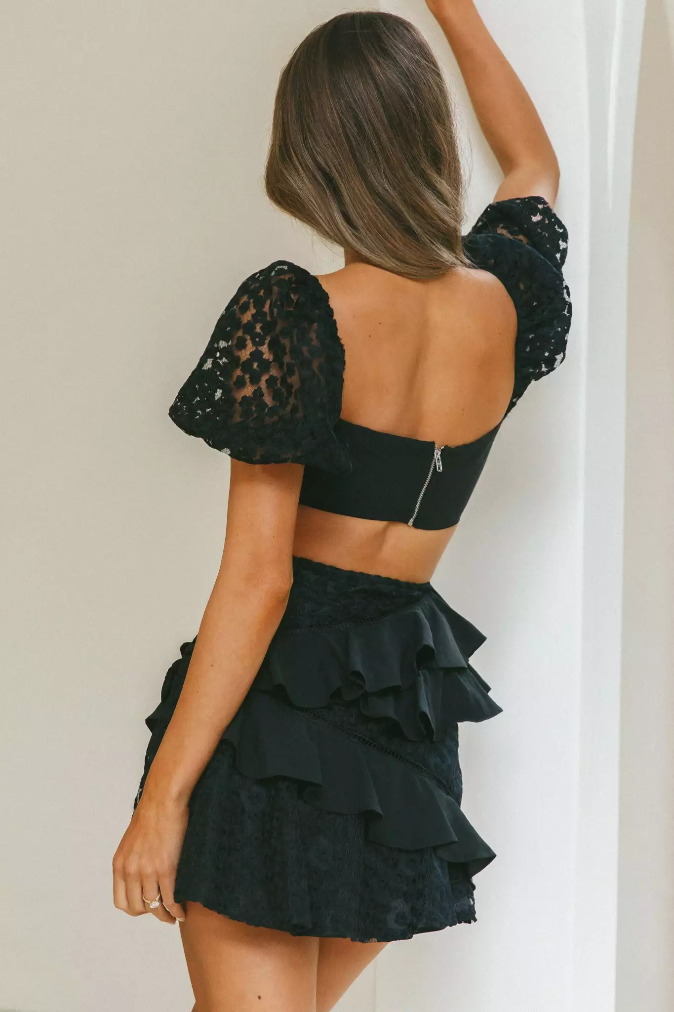 Selfie Leslie Taurus Floral Embroidery Puff Sleeve Dress Black - Image 2