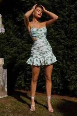 Selfie Leslie Augustine Pleated Detail Cut-Out Waist Dress Floral Green