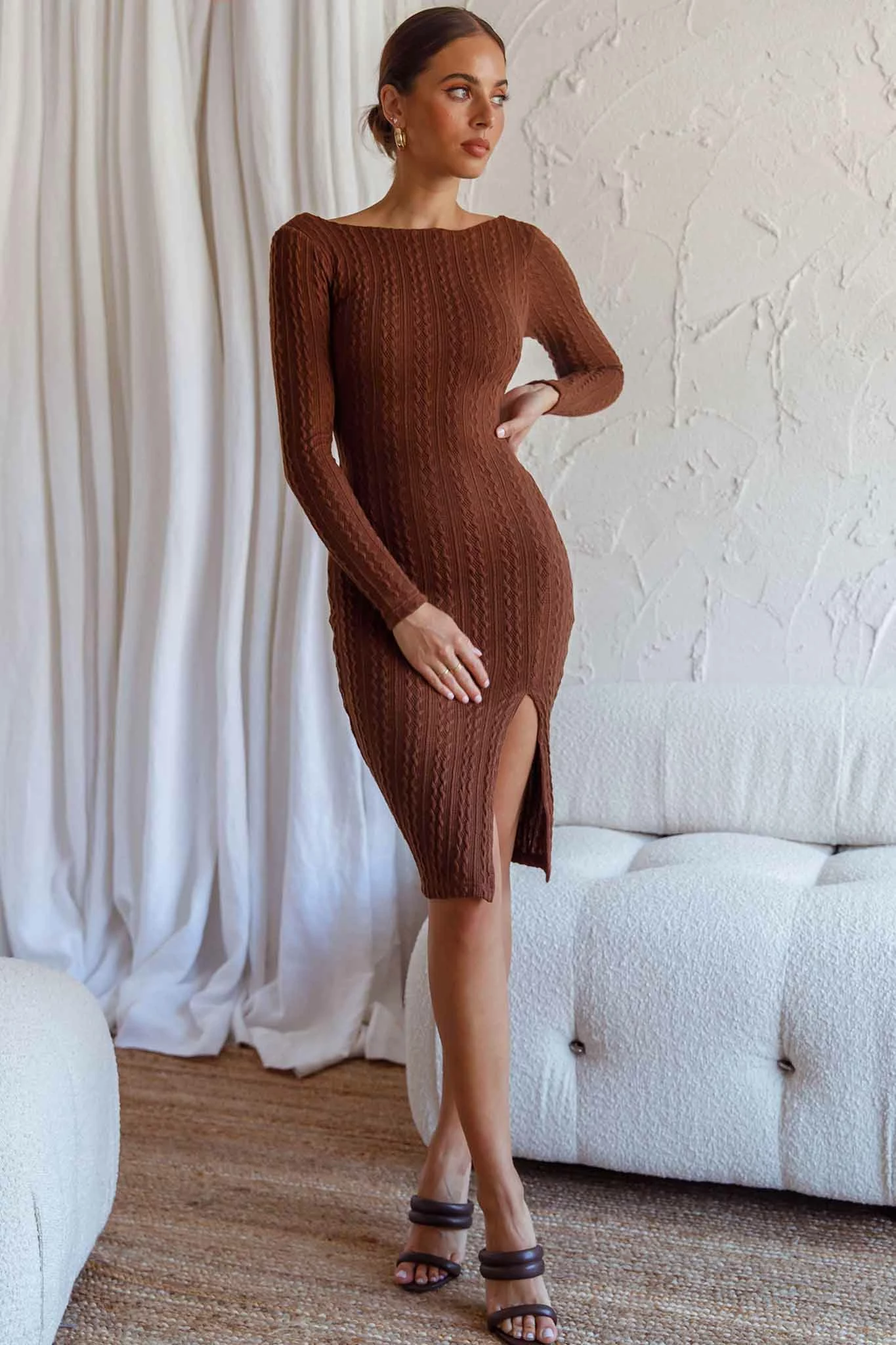Selfie Leslie Merlin Long Sleeve Bodycon Knee Length Dress Chocolate - Image 2