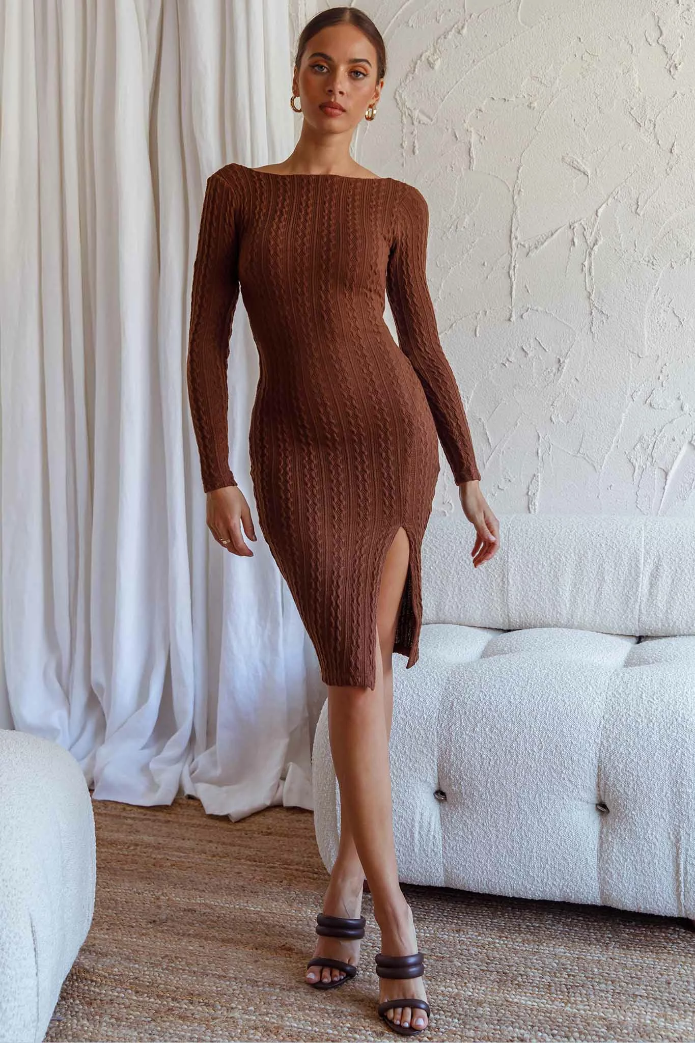 Selfie Leslie Merlin Long Sleeve Bodycon Knee Length Dress Chocolate - Image 4