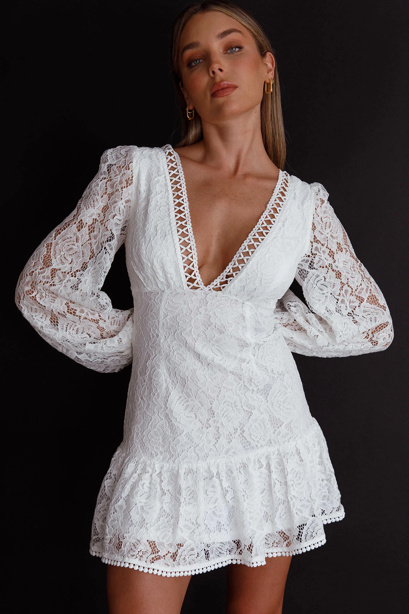 Selfie Leslie Summer Wine Long Sleeve Lace Dress White - Image 5