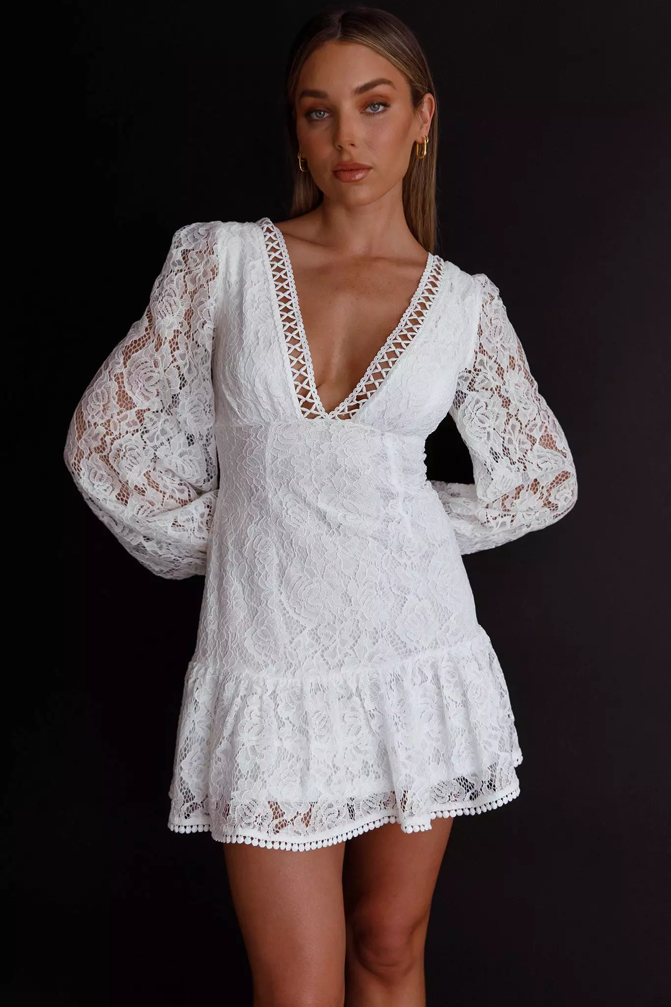 Selfie Leslie Summer Wine Long Sleeve Lace Dress White - Image 7