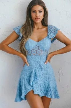Selfie Leslie Secret Crush Flutter Sleeve Floral Lace Ruffle Hem Dress Blue