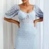 Secret Crush Puff Sleeve Floral Lace Bodycon Dress Blue