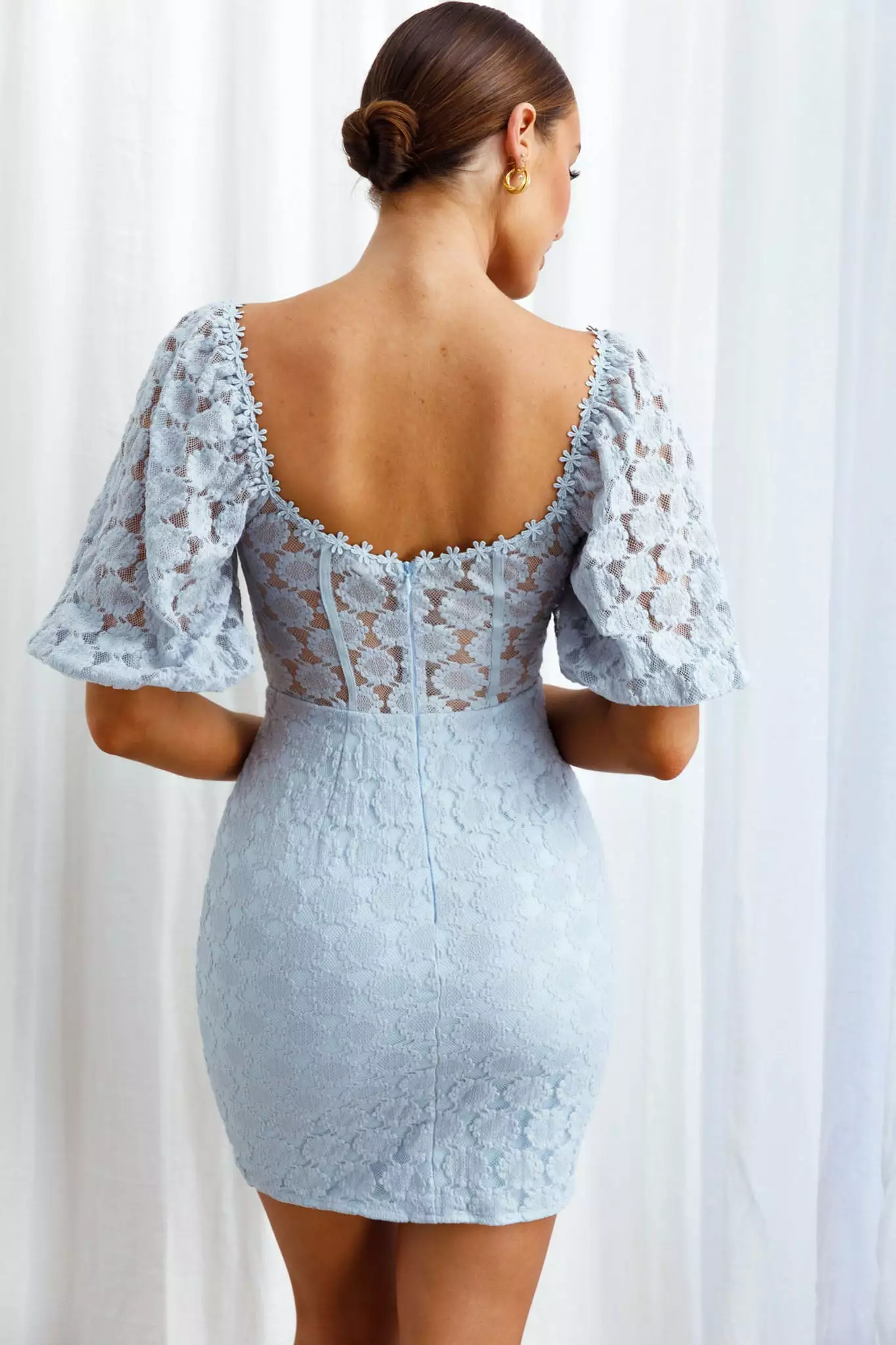 Secret Crush Puff Sleeve Floral Lace Bodycon Dress Blue - Image 2