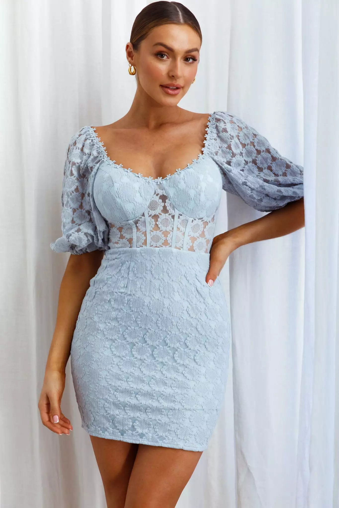 Secret Crush Puff Sleeve Floral Lace Bodycon Dress Blue - Image 4