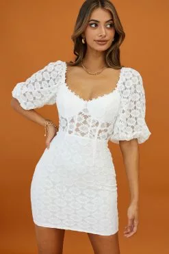 Selfie Leslie Secret Crush Puff Sleeve Floral Lace Bodycon Dress White
