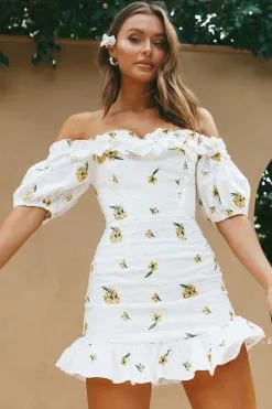Selfie Leslie Morning Song Off-Shoulder Frill Trim Embroidery Dress Floral Print Yellow