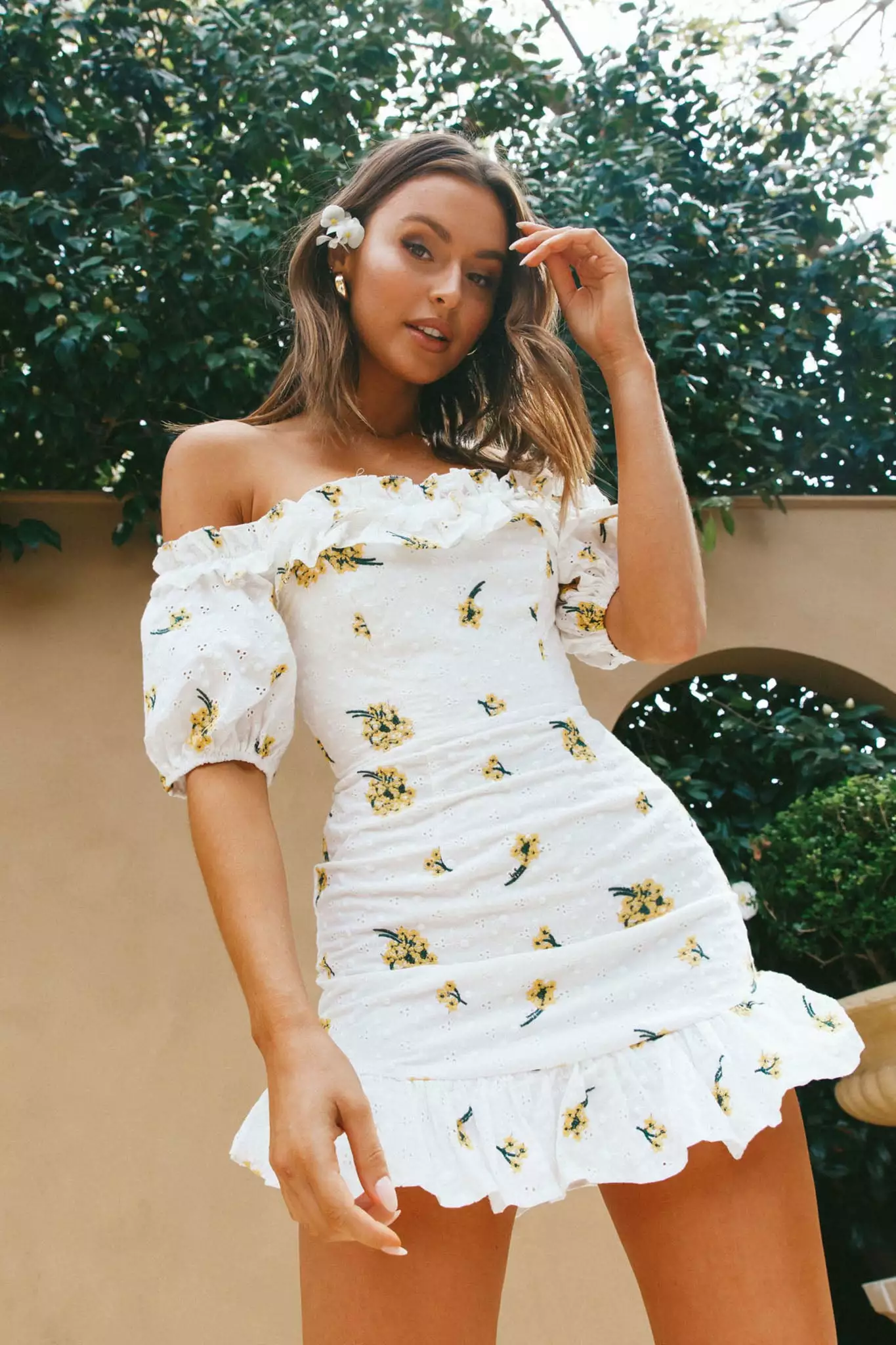 Selfie Leslie Morning Song Off-Shoulder Frill Trim Embroidery Dress Floral Print Yellow - Image 8