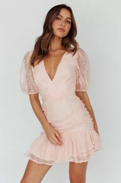 Saints + Secrets Cherry Blossom Puff Sleeve Wide Ruffle Hem Dress Pink