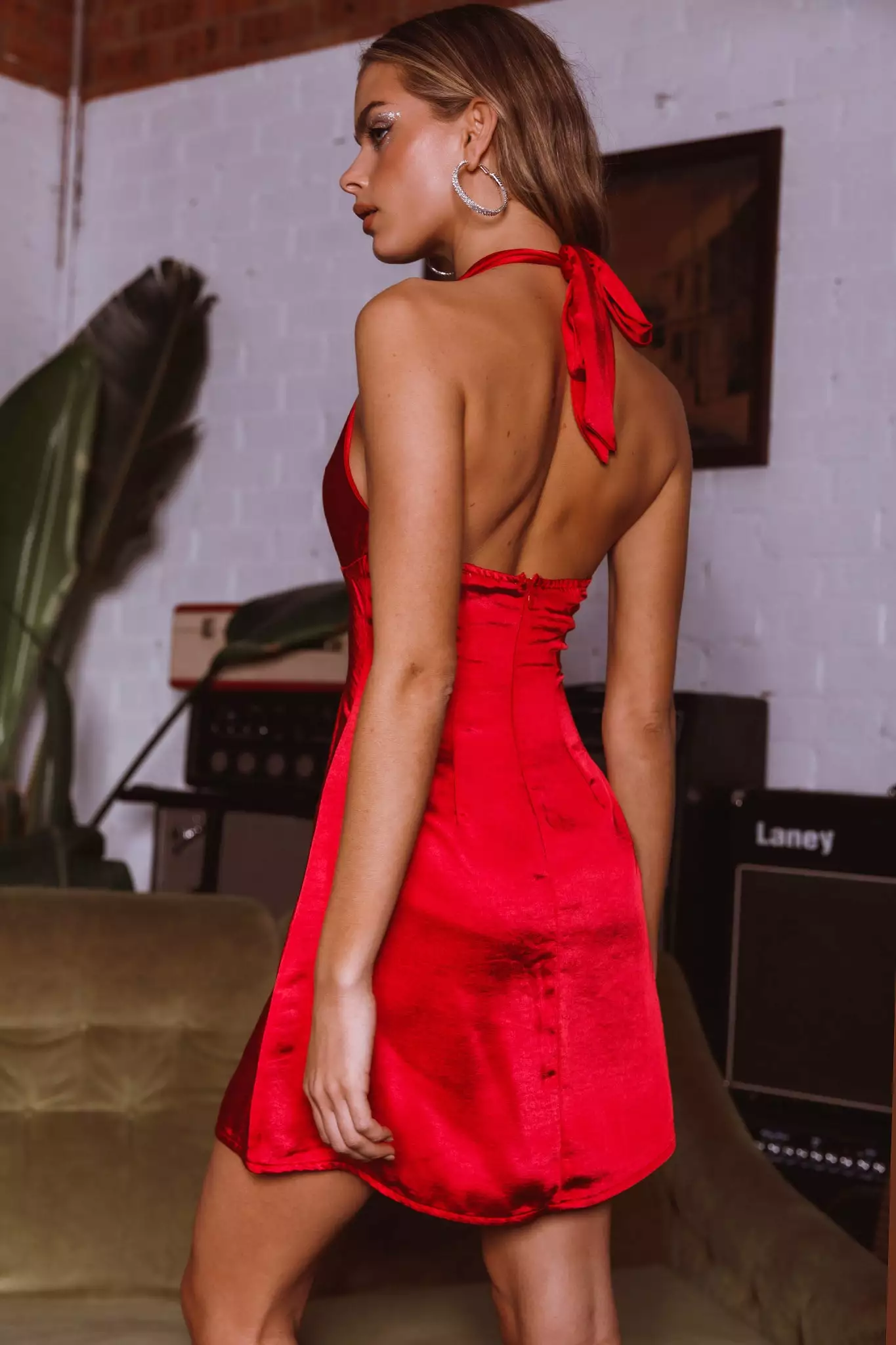 Selfie Leslie Falling Star Plunging Halterneck Mini Dress Red - Image 2