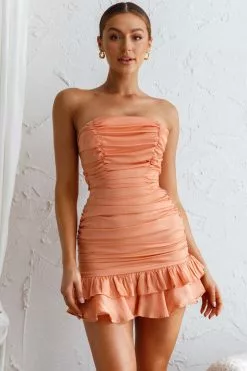 Selfie Leslie Annabella Strapless Tied Back Frill Hem Mini Dress Peach