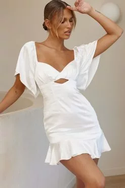Selfie Leslie Eyes On You Pleated Bust Angel Sleeve Ruffle Hem Dress White