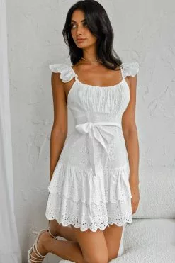 Selfie Leslie Fairytale Ending Ruffle Strap Eyelet Dress White