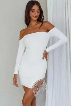 Saints + Secrets Call On Me Diamante Off-Shoulder Mini Dress White