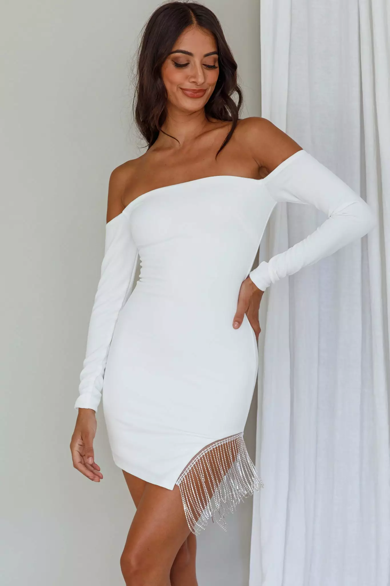 Saints + Secrets Call On Me Diamante Off-Shoulder Mini Dress White
