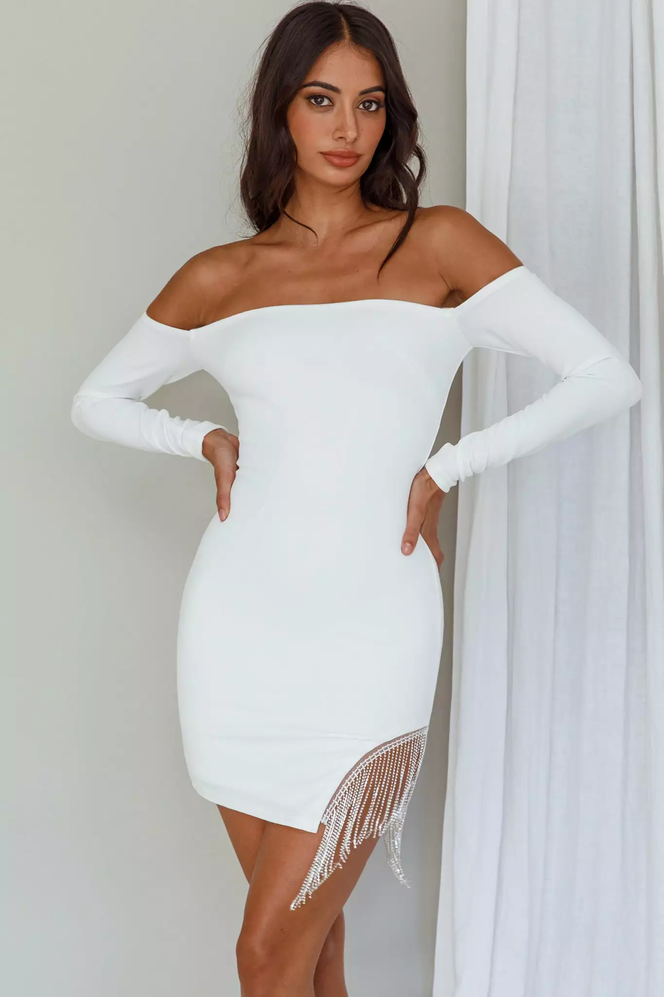 Saints + Secrets Call On Me Diamante Off-Shoulder Mini Dress White - Image 5